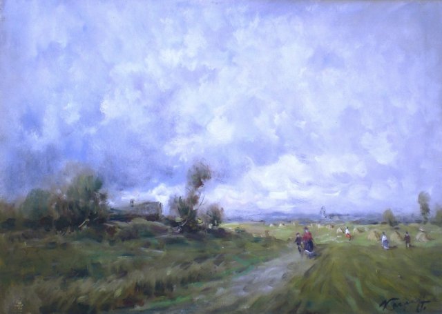 05 - ivan karpoff - olio su tela  cm. 50  x 70 -campagna con covoni e persone